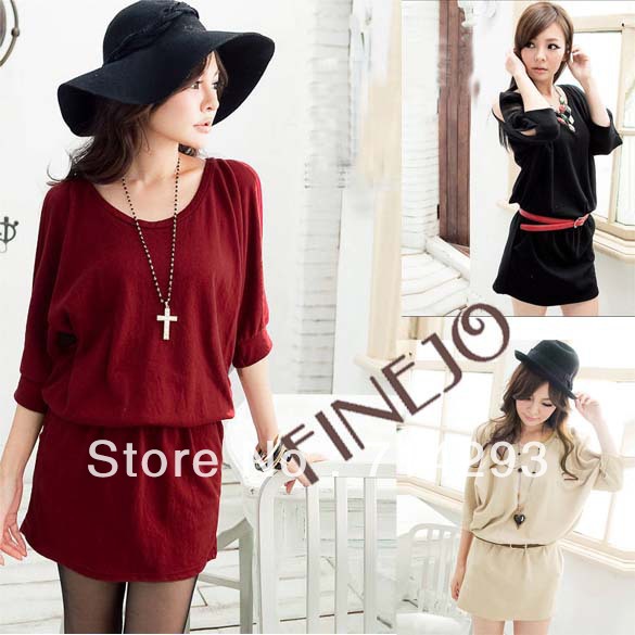 Women Half Batwing Sleeves Narrow Waist Pocket Mini Dress 3 Colors Free shipping 9569