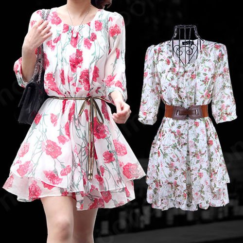 Women Half Sleeve Chiffon Colorful Shiver Mini Pleated Ruffle Dress Free Belt E0522