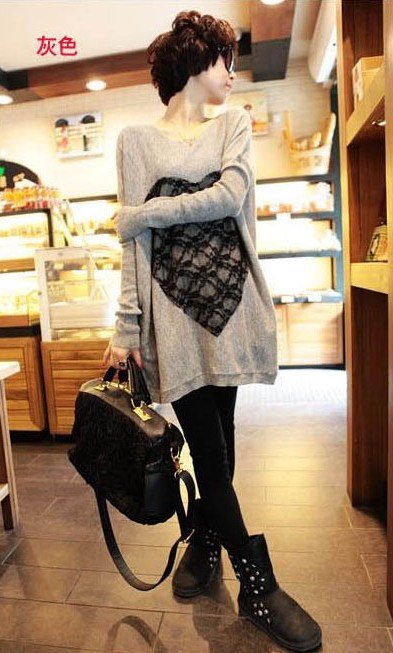 Women Hedging Large Size Lace Love Round Neck Knit Sweater