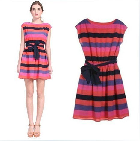Women hit export stripes color waist dress FREE SHIPPING