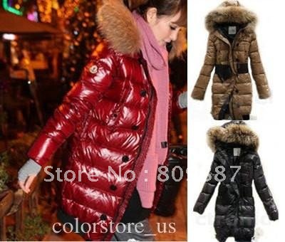 Women HOODED FUR 90% duck Winter Long Down Parka Glossy Black Thick coat jacket