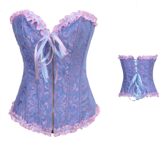 Women intimates satin Corset Sexy Lingerie (bustier+underwear) zip blue 3367