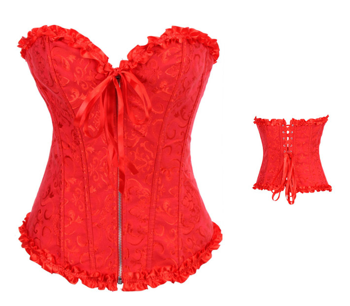 Women intimates satin Corset Sexy Lingerie (bustier+underwear) zip red 3363