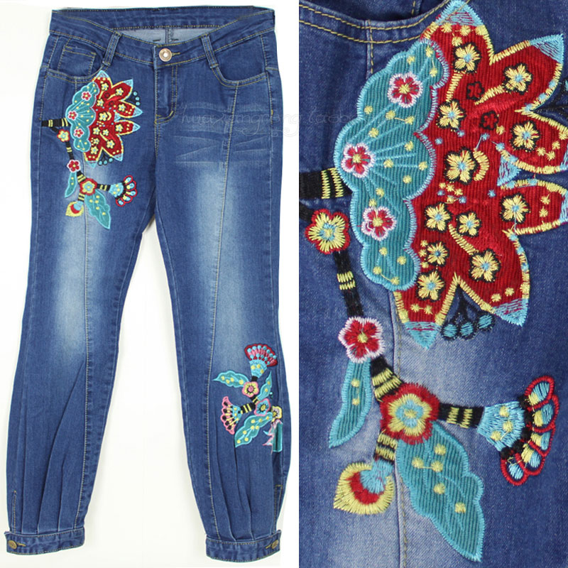 Women jeans flower national trend embroidered lantern denim trousers denim jeans