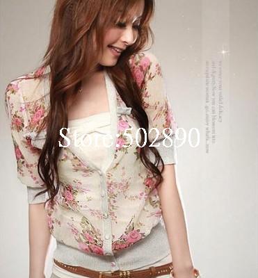 Women Korean Chiffon Floral Fashion Button V-neck Stretchy Waist Hot Outwear Top