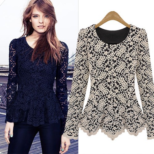 Women Lace Sheer Long Sleeve Peplum Jumper Top Blouse Black&White ,DS1090