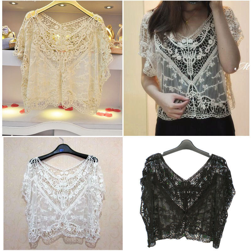 Women Lace Sweet Cute Hollow Out Crochet Knit Batwing Loose Blouse Top Shirt
