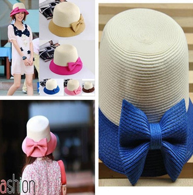 Women Ladies Fashion bow straw sun hat color stitching straw dome cap / straw sun hat Free Shipping Blue/Red Color Option