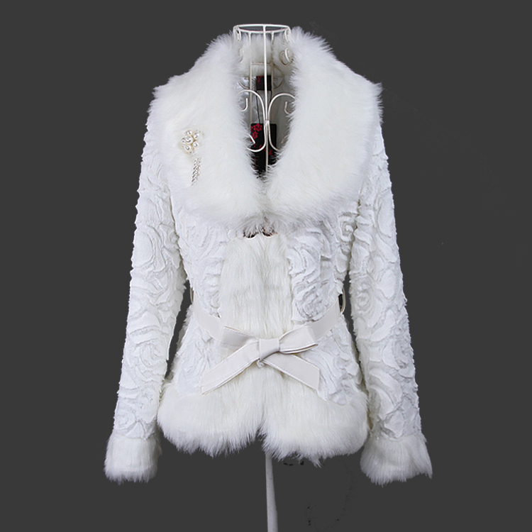 women ladies winter bow faux fur outerwear overcoat wadded cotton-padded jacket free shipping