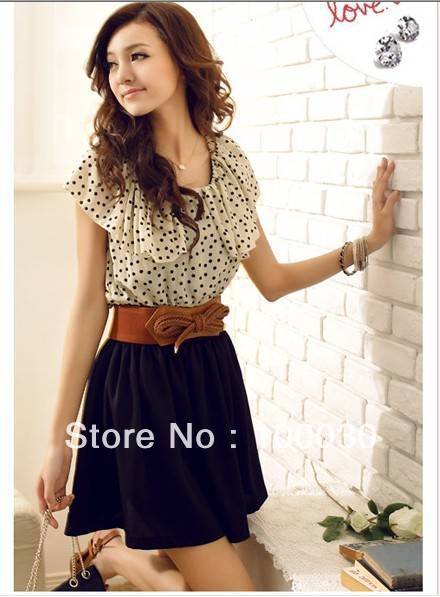 Women Lady Sexy & Club New Fashion 2013 Dots Polka Empire Cute Mini Chiffon Dress Plaid Print + With Belt