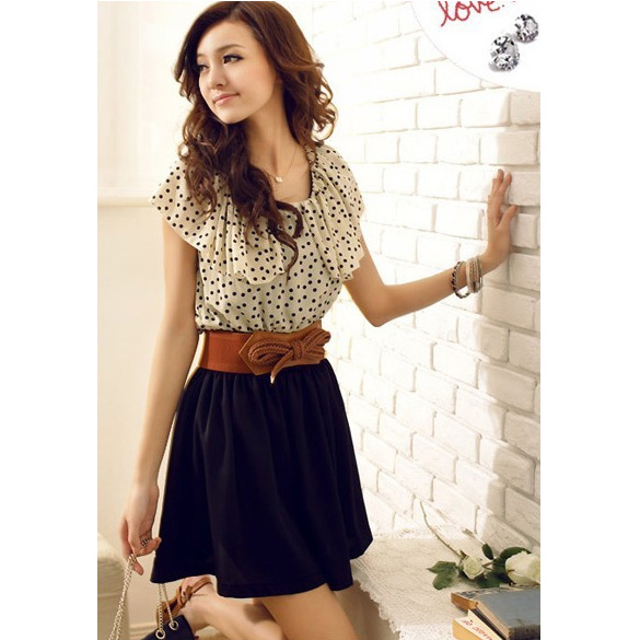 Women Lady Sexy & Club New Fashion 2013 Dots Polka Empire Cute Mini Chiffon Dress Plaid Print + With Belt free shipping