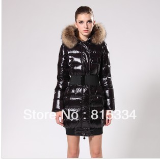 Women large  Fur collar Down Coat,/Long  slim dwon Jacket Hood & Belt Winter Clothes Black ,Best Selling Parka free shipping