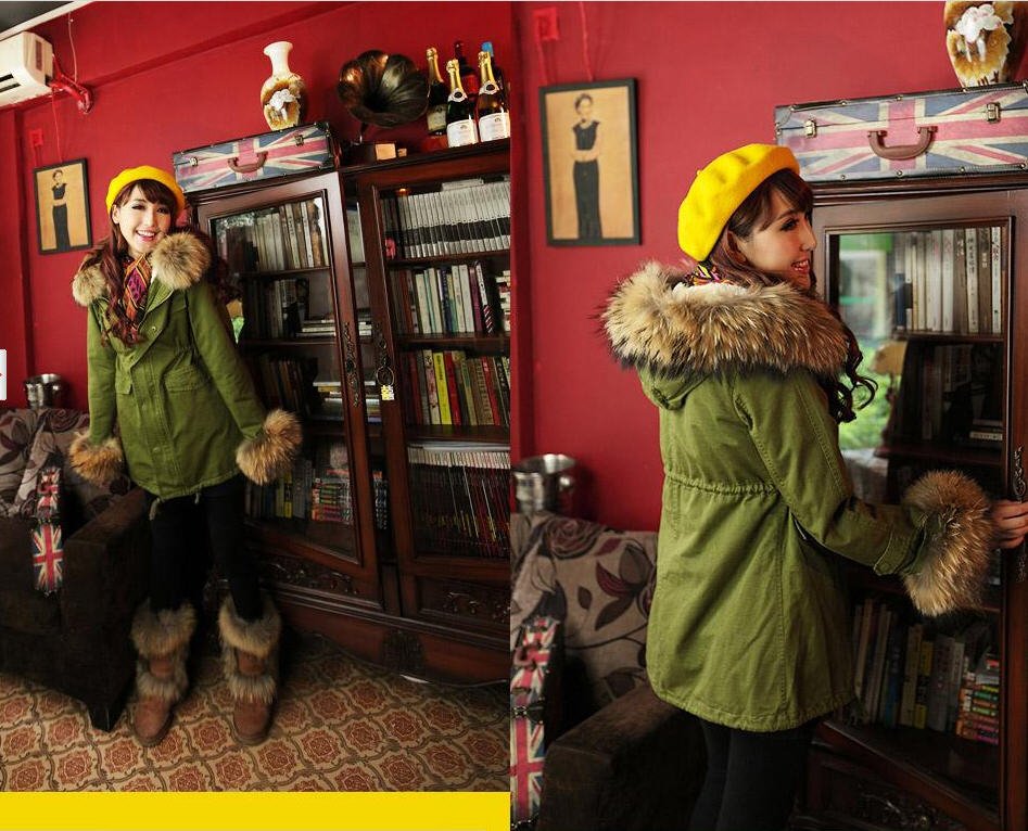 women large raccoon fur Army Green dovetail slim waist down wadded jacket cotton-padded jacket outerwear cotton overcoat  D63