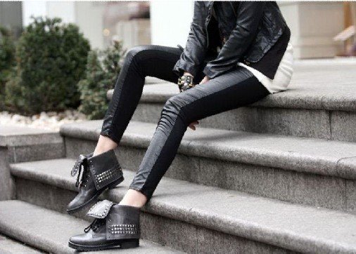 Women Leggings Front leather Back Cotton regular Patchwork  Legging  fashion Leather tights