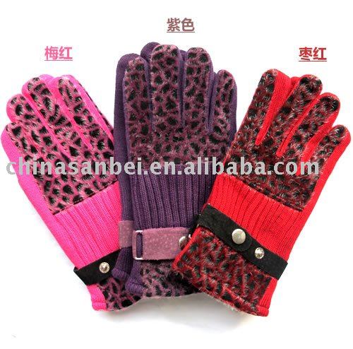 Women leopard Suede Leather Gloves lady double layer