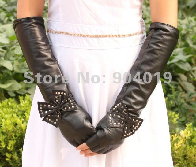 Women Long Fashion Genuine Lamb Leather Opera Gloves Butterfly and Rivets M L