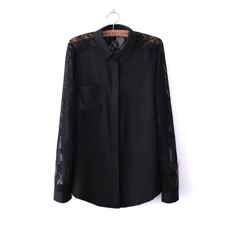 Women Long Sleeve  Chiffon Blouses Lace Patchworking Shirt YC-B21155-A57