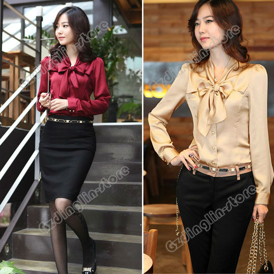 Women Long Sleeve Clothing Temperament Bowknot Casual Button Down Shirt Blouse Apricot Wine Red Size S M L Free Shipping 0614