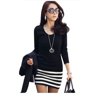 Women Long-sleeve dresses plus size Lady clothes stripe slim hip slim dress /S M L XL XXL XXXL h007
