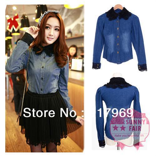 Women Long Sleeve Lace Blouse Stitching Neck Vintage Damin Washed Jean Shirt
