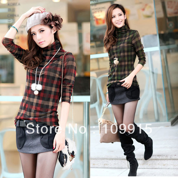 Women Long Sleeve Polo Neck Wooled Lattice Slim Casual Vintage Shirt HR431