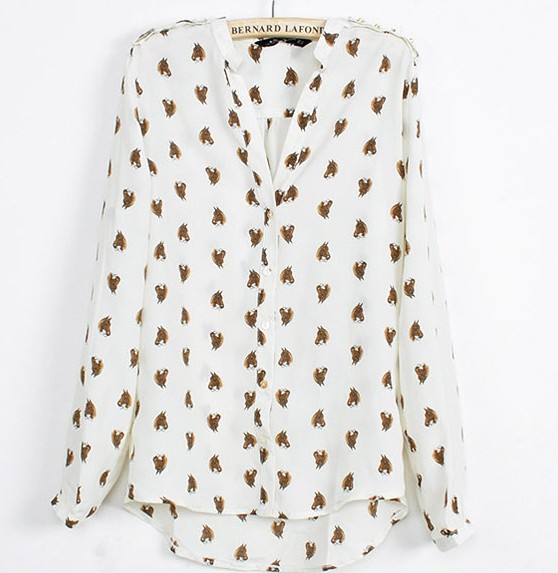 Women Long Sleeve Printed Chiffon Blouse Free Shipping B-2-32301
