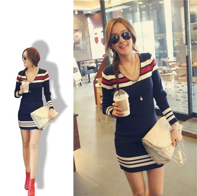 Women Long Sleeve V-Neck Sweater Mini Dress Trendy Winter Fashion