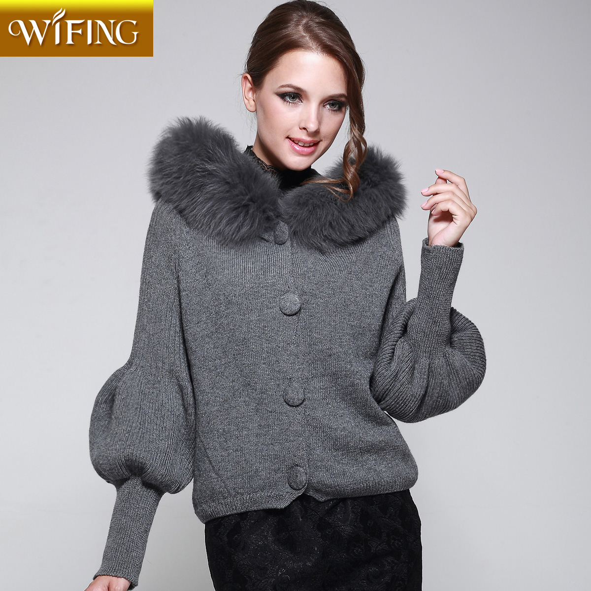 Women luxurious fur collar lantern sleeve hooded solid color short design sweater outerwear female cardigan knitted coat