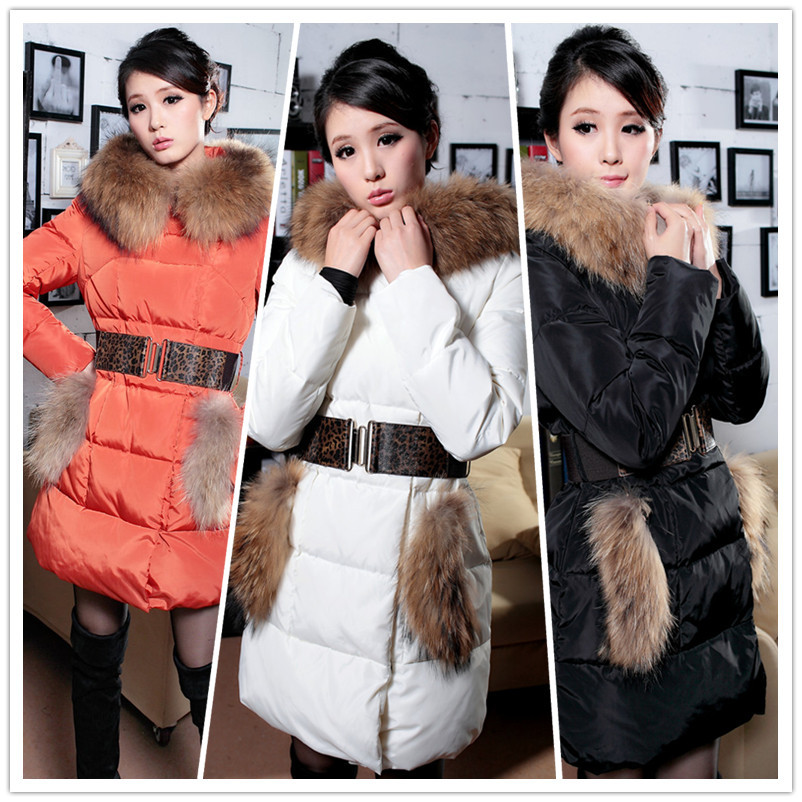 women luxury fur collar white duck down coat  slim medium-long down jacket free shipping