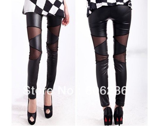 Women Metallic Leather+Lace Cross Wrap Punk Slim Leggings    B270