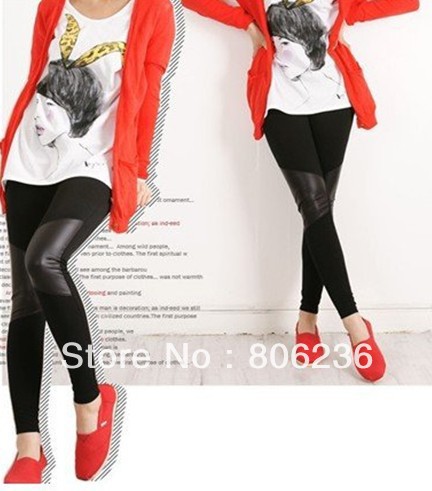 Women Metallic Leather Punk Winter patch Skinny Pants Leggings  B374