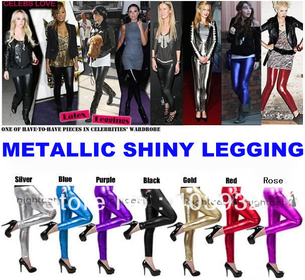 WOMEN METALLIC SHINY ROCK FOOTLESS TIGHT FAUX LEATHER LOOK WET STRETCH LEGGINGS FREE SHIPPING