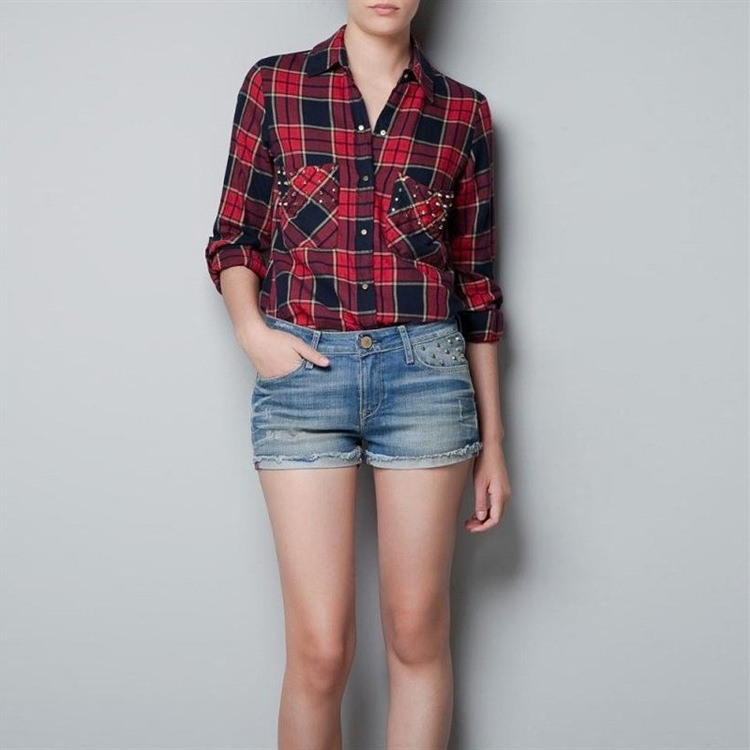 WOMEN NEW Long Sleeve Plaid Shirt With Pocket rivet design 2-color 9040