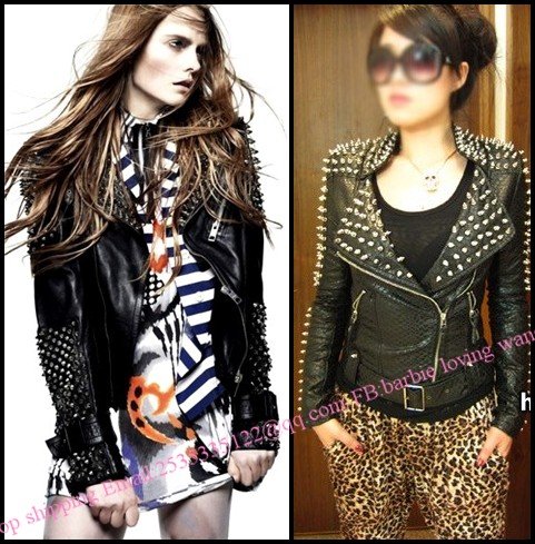 Women Notched Lapel Punk 3D Rivet Spiked Studded Faux Leather Black Biker Jacket Snakeskin Biker Jacket  S M L