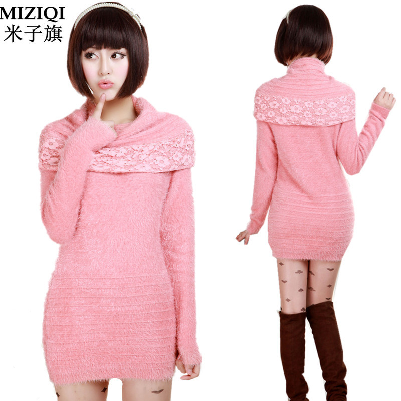 women o-neck crystal lace edge knitted dress sweater  Ladies thickening sweater slim hip skirt style warm in winter