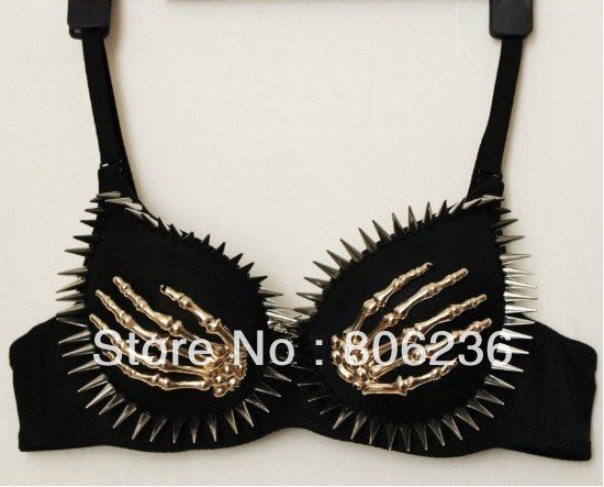 Women Party All-over Spike Stud Skull Bra Metallic Punk Dance skeleton Best Quality      A1135