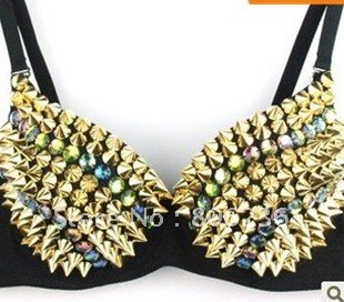 Women Party Disco Lady Gaga 3/4 CUP Spike Stud Design Metallic Punk Dance Bra    A1109