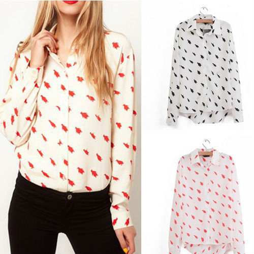 WOMEN PENGUIN PATTERN LAPEL LONG-SLEEVED SHIRT BLOUSE, CUFF WITH BUTTONS 3763