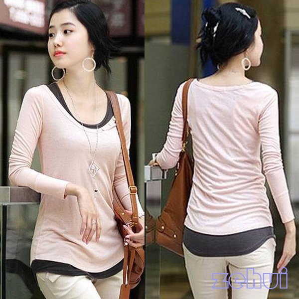 Women Pink Scoop Neck two-piece Cotton Long Sleeve loose Shirt Blouse Tops Vest New  HR382P