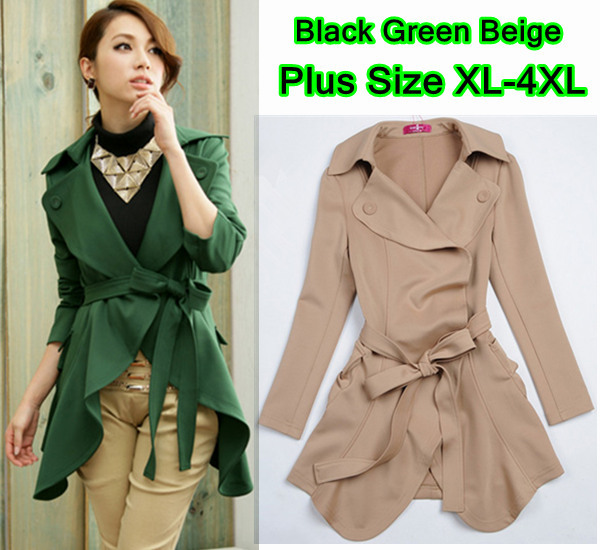 Women Plus Size 3 Colours Long Lapel Thickening Trench Outerwear Coats Fashion OL Trench Coats with Belt Size XL-4XL