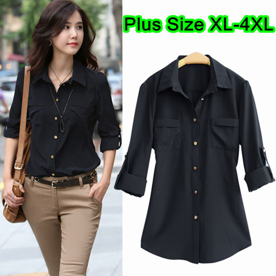 Women Plus Size Black Long Sleeve Pockets Adjustable Sleeve Elegant OL Chiffon Spring Shirts Size XL-4XL