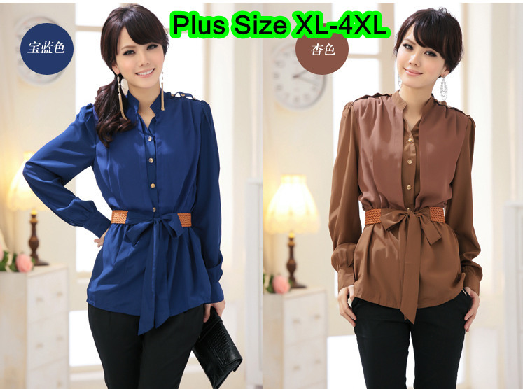 Women Plus Size Blue Beige Long Sleeve Stand V-neck High Quality Chiffon Shirts Fashion Elegant OL Blouses with Belt Size XL-4XL