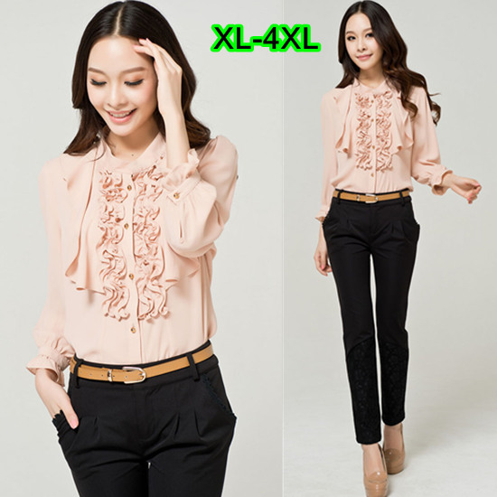 Women Plus Size Pink Long Sleeve O-neck Ruffled Appliques Chiffon Shirts Casual Elegant OL High Quality Blouses Size XL-4XL