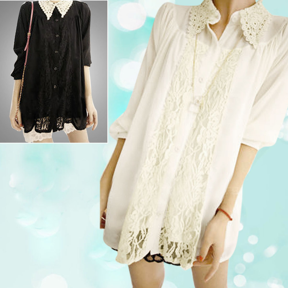 Women Point Collar Black Lace Guipure See Through Front Opening Chiffon Blouse M