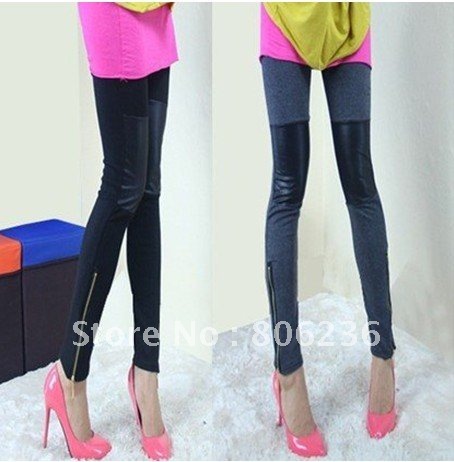 Women Punk Metallic Leather Look+Cotton Patch Slim Pencil Leggings     B227