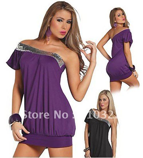 Women Purple or Black Sequin One Shoulder Fashion Dress Ruffles Fitted Graceful Club Party Lingerie Dresses With G-string CH6653