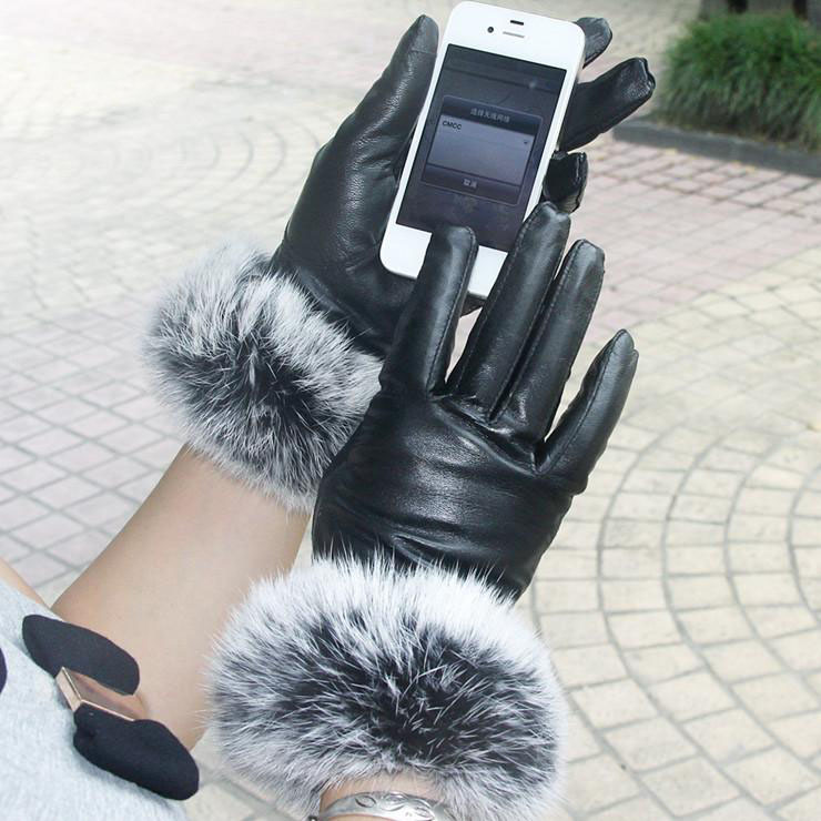 Women rabbit fur sheepskin leather warm gloves size L