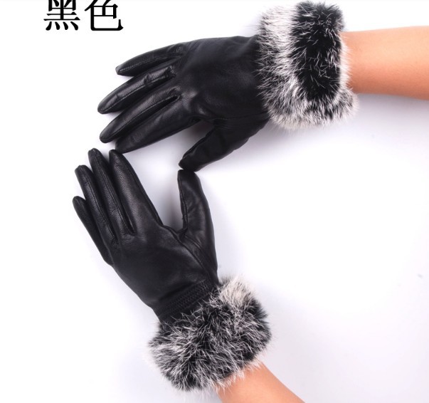 Women rabbit fur sheepskin leather warm gloves size M
