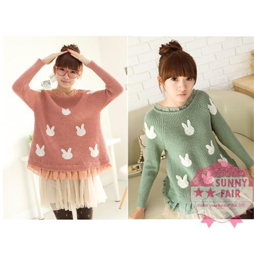 Women Rabbit Print Split Joint A Word Chiffon Hem Knit Mix-Color Sweater