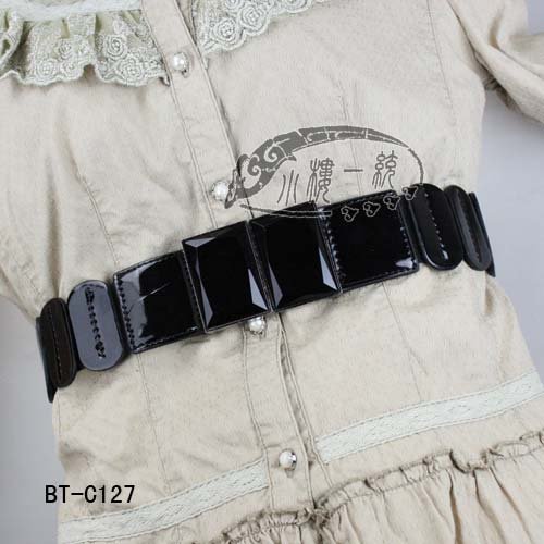 Women Rectangle Gems Buckle Patent Leather Elastic Stretch Wide Belt Waist Belt BT-C127